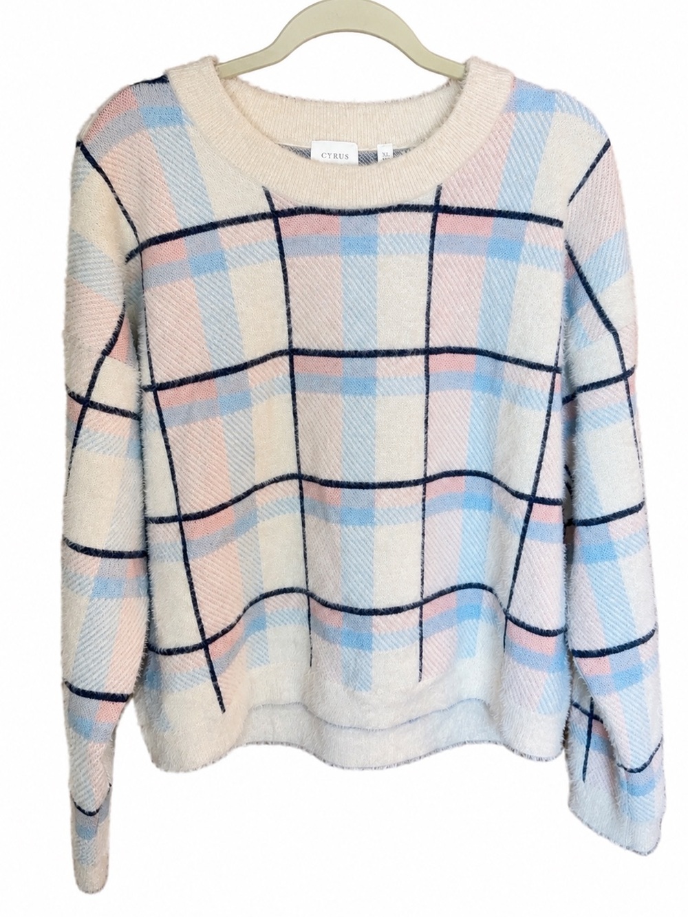 Cyrus XL Fuzzy Plaid Sweater Cream Blue Pink Windowpane Cozy Knit